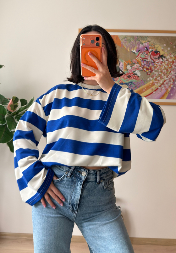 Kalın Çizgili Oversize Sweatshirt Saks Mavisi