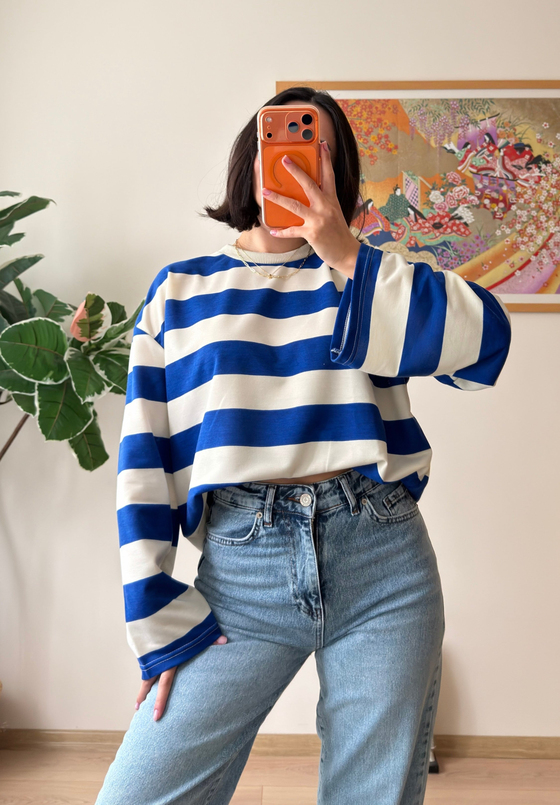 Kalın Çizgili Oversize Sweatshirt Saks Mavisi