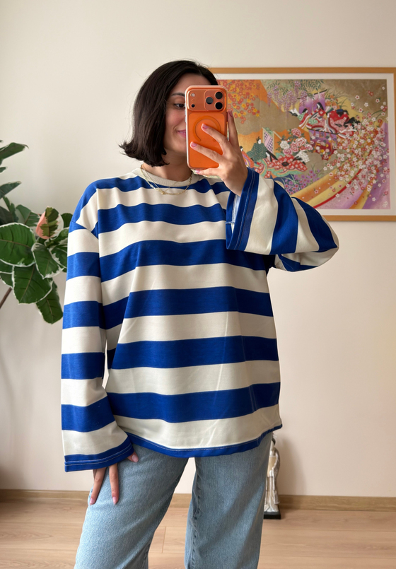 Kalın Çizgili Oversize Sweatshirt Saks Mavisi