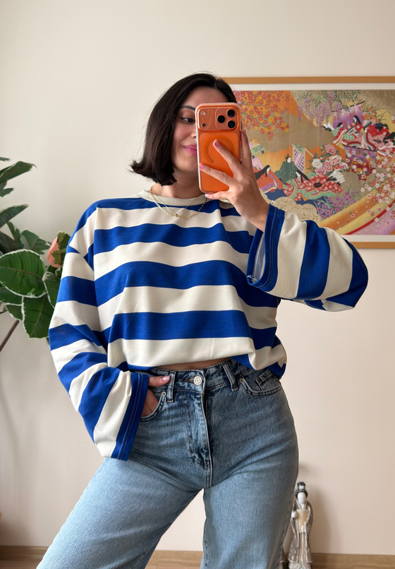Kalın Çizgili Oversize Sweatshirt Saks Mavisi