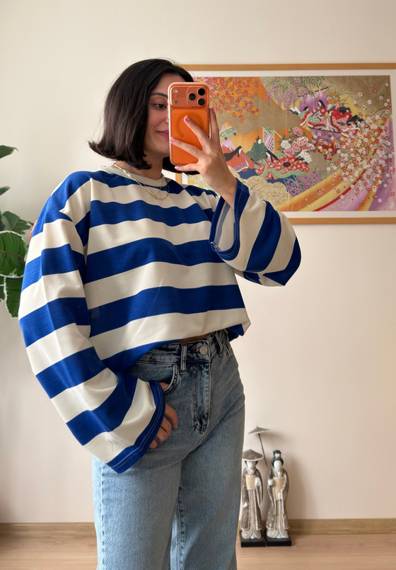 Kalın Çizgili Oversize Sweatshirt Saks Mavisi
