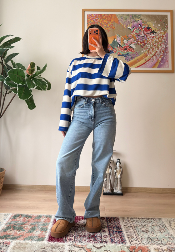 Kalın Çizgili Oversize Sweatshirt Saks Mavisi