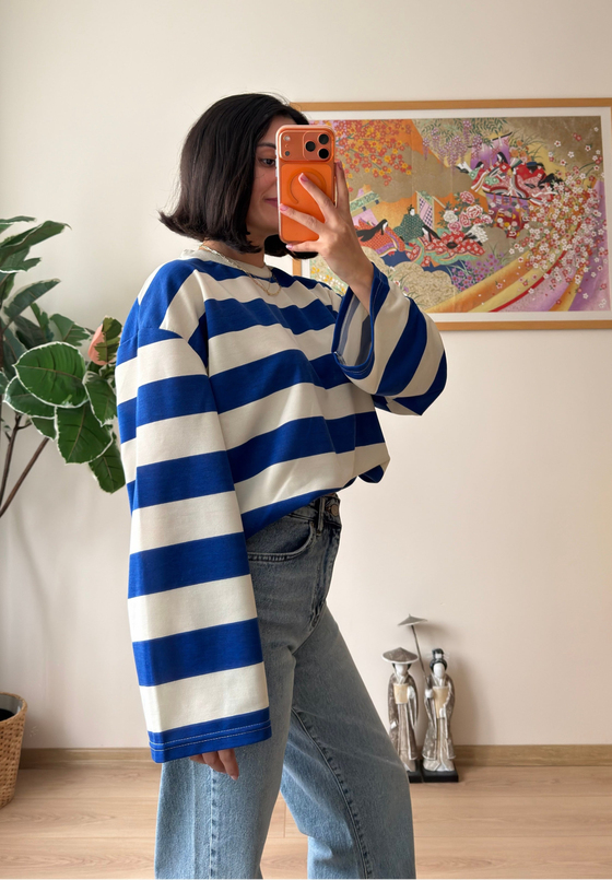 Kalın Çizgili Oversize Sweatshirt Saks Mavisi