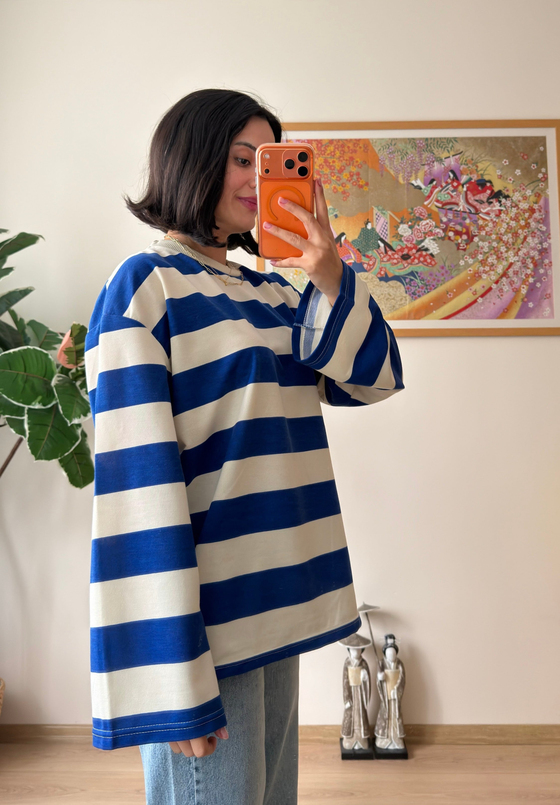 Kalın Çizgili Oversize Sweatshirt Saks Mavisi