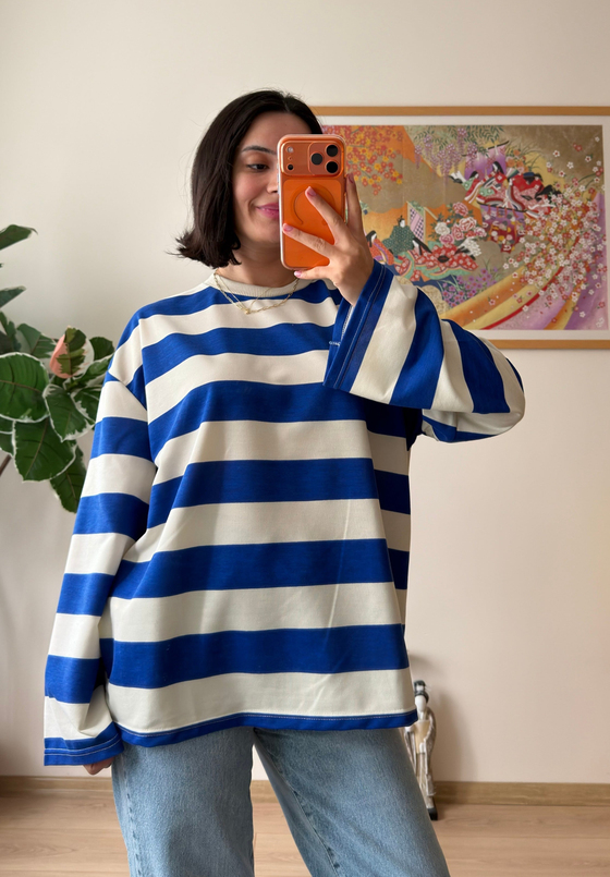 Kalın Çizgili Oversize Sweatshirt Saks Mavisi