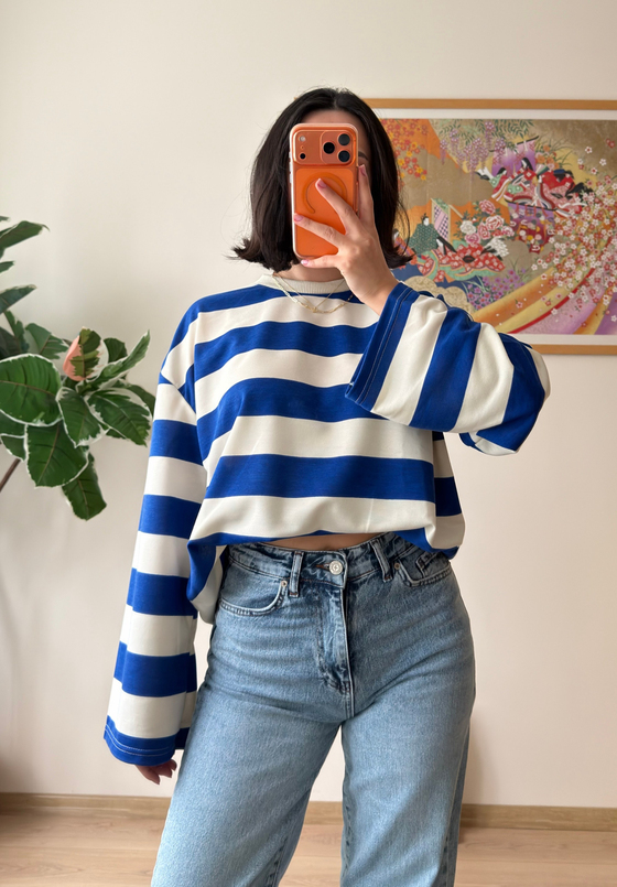 Kalın Çizgili Oversize Sweatshirt Saks Mavisi