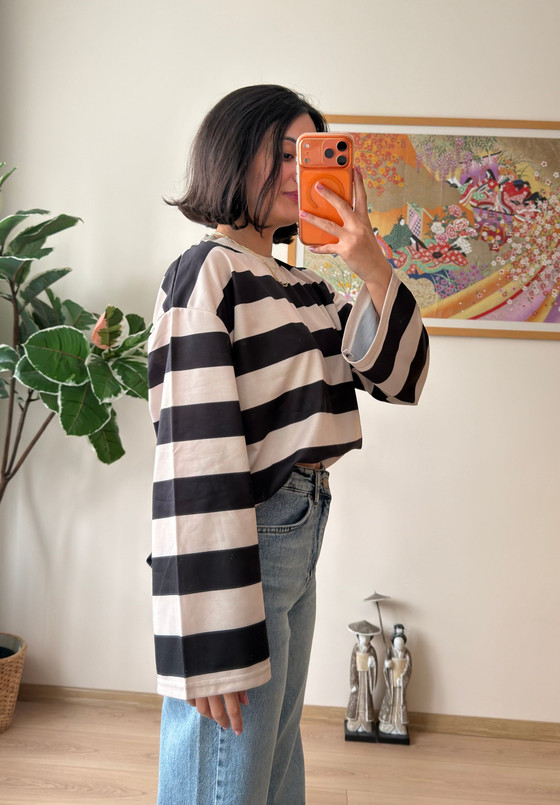 Kalın Çizgili Oversize Sweatshirt Siyah