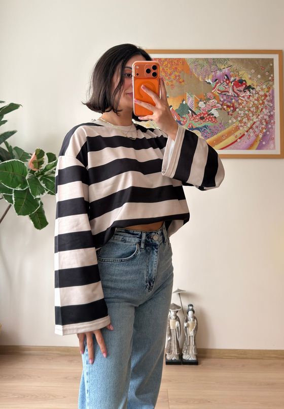 Kalın Çizgili Oversize Sweatshirt Siyah