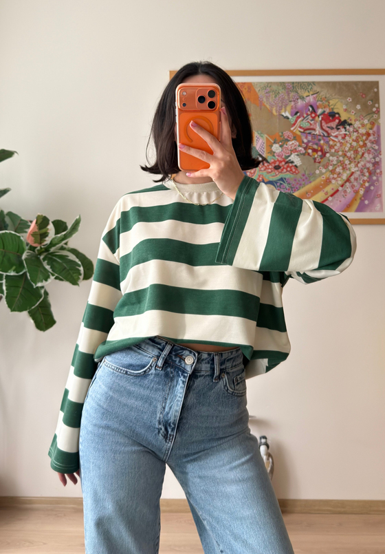 Kalın Çizgili Oversize Sweatshirt Yeşil