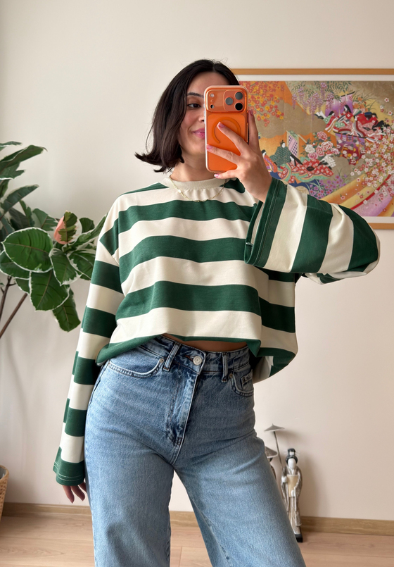 Kalın Çizgili Oversize Sweatshirt Yeşil