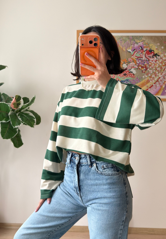 Kalın Çizgili Oversize Sweatshirt Yeşil