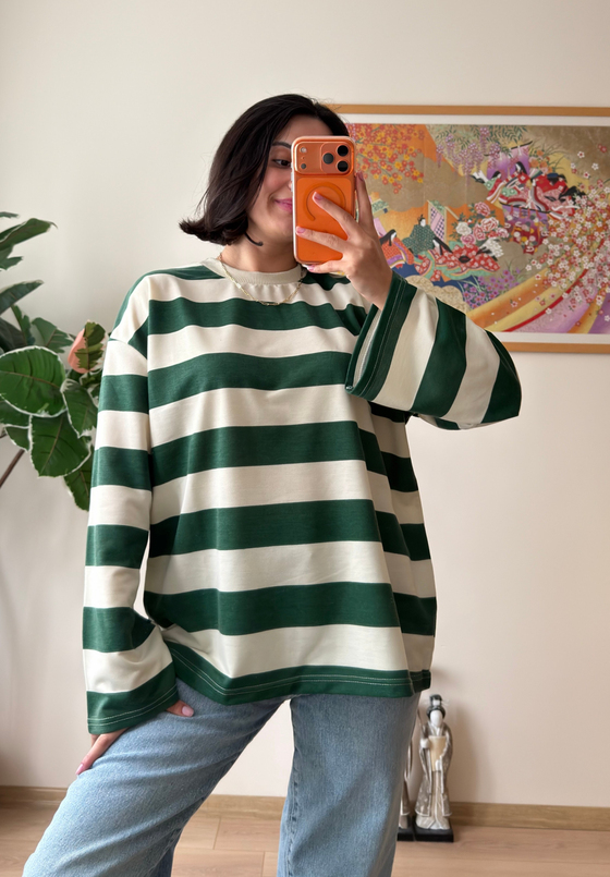 Kalın Çizgili Oversize Sweatshirt Yeşil