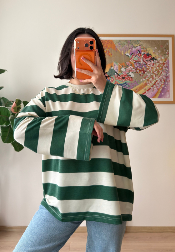 Kalın Çizgili Oversize Sweatshirt Yeşil