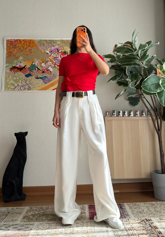 Kemerli Diagonal Modal Pantolon Beyaz