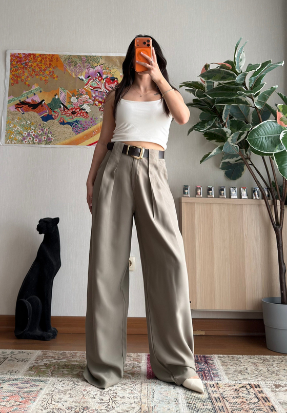 Kemerli Diagonal Modal Pantolon Haki