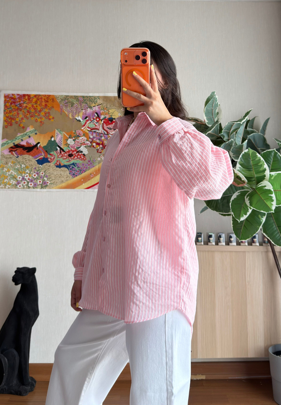 Kenta Çizgili Dokuma Gömlek Pembe