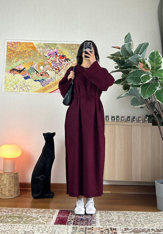 Kikue Triko Elbise Bordo