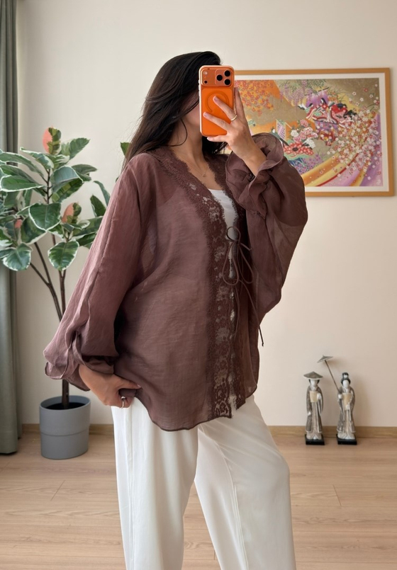 Kinu Dantel Detaylı Bağlamalı Kimono Kahve