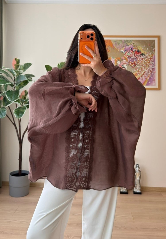 Kinu Dantel Detaylı Bağlamalı Kimono Kahve