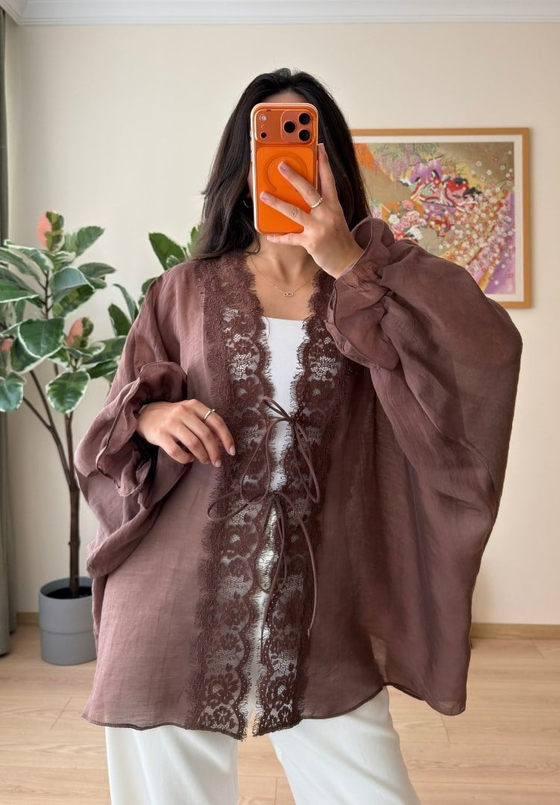 Kinu Dantel Detaylı Bağlamalı Kimono Kahve