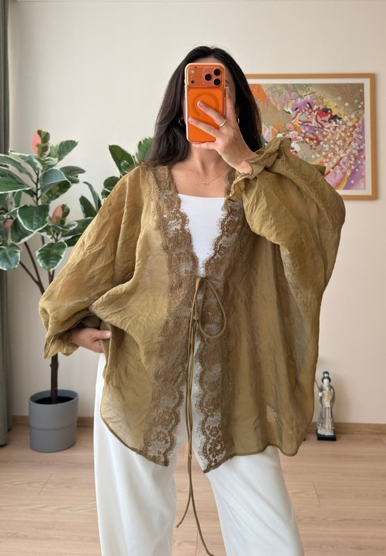 Kinu Dantel Detaylı Bağlamalı Kimono Olive