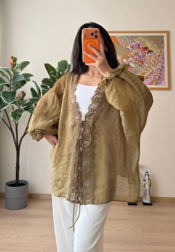 Kinu Dantel Detaylı Bağlamalı Kimono Olive