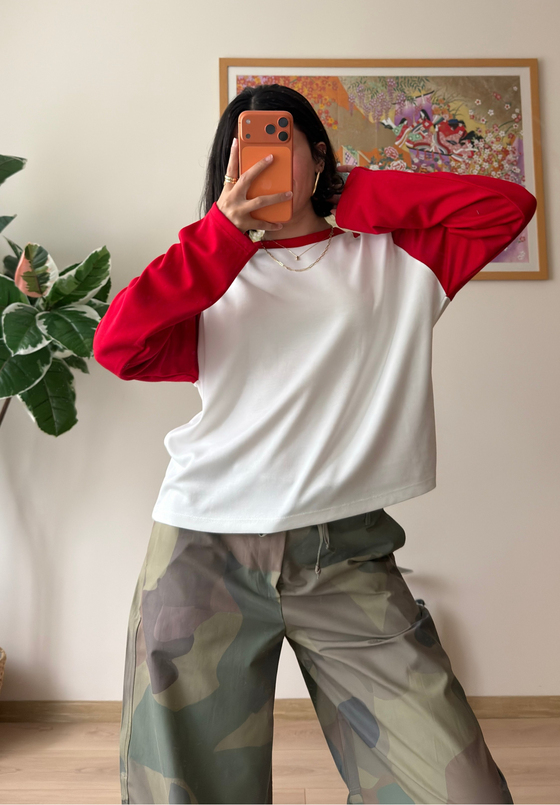 Kontrast Reglan Kol Bisiklet Yaka Sweatshirt Kırmızı