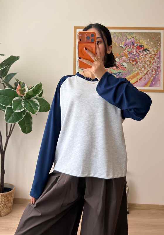 Kontrast Reglan Kol Bisiklet Yaka Sweatshirt Lacivert