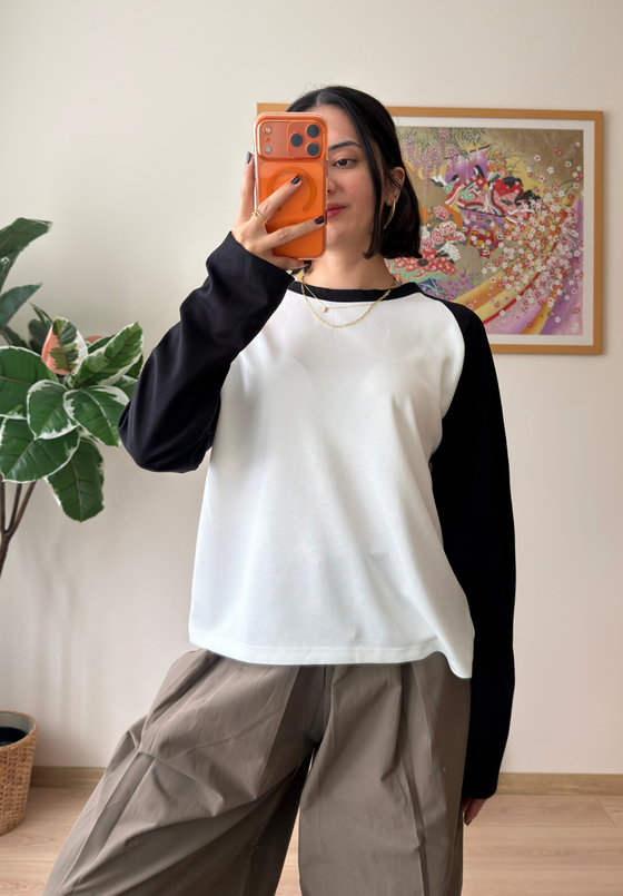 Kontrast Reglan Kol Bisiklet Yaka Sweatshirt Siyah