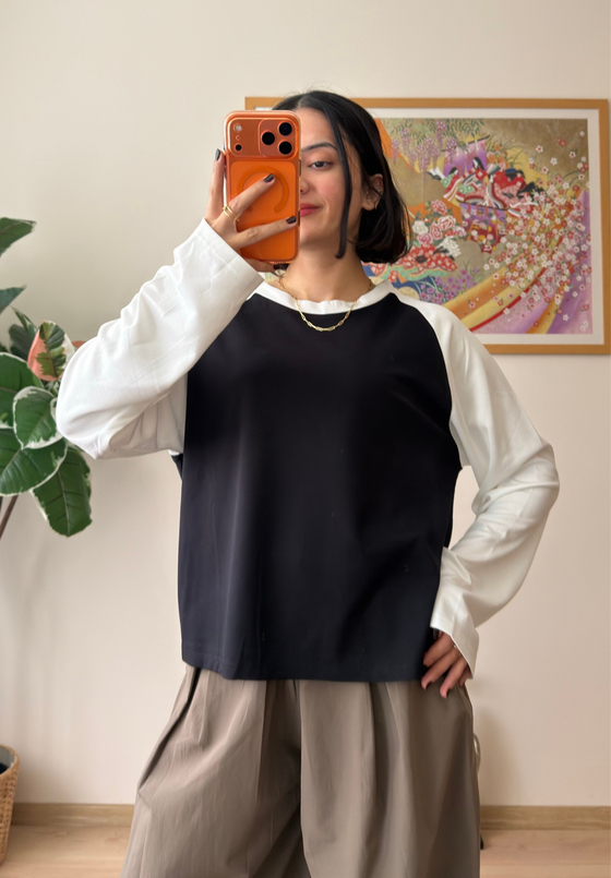 Kontrast Reglan Kol Bisiklet Yaka Sweatshirt Beyaz