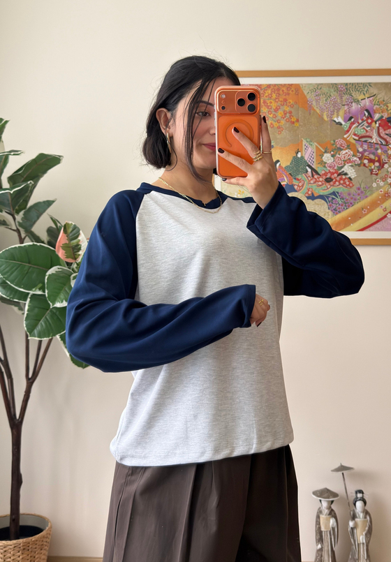Kontrast Reglan Kol Bisiklet Yaka Sweatshirt Lacivert