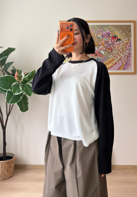 Kontrast Reglan Kol Bisiklet Yaka Sweatshirt Siyah
