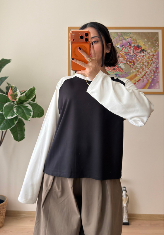 Kontrast Reglan Kol Bisiklet Yaka Sweatshirt Beyaz