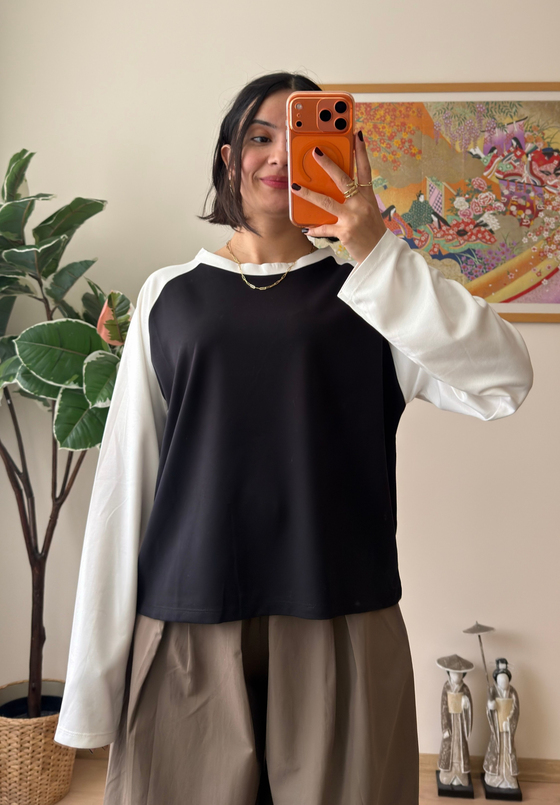 Kontrast Reglan Kol Bisiklet Yaka Sweatshirt Beyaz