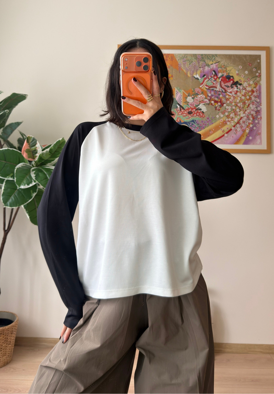 Kontrast Reglan Kol Bisiklet Yaka Sweatshirt Siyah