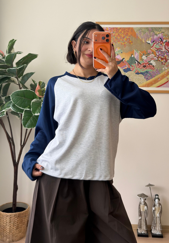 Kontrast Reglan Kol Bisiklet Yaka Sweatshirt Lacivert