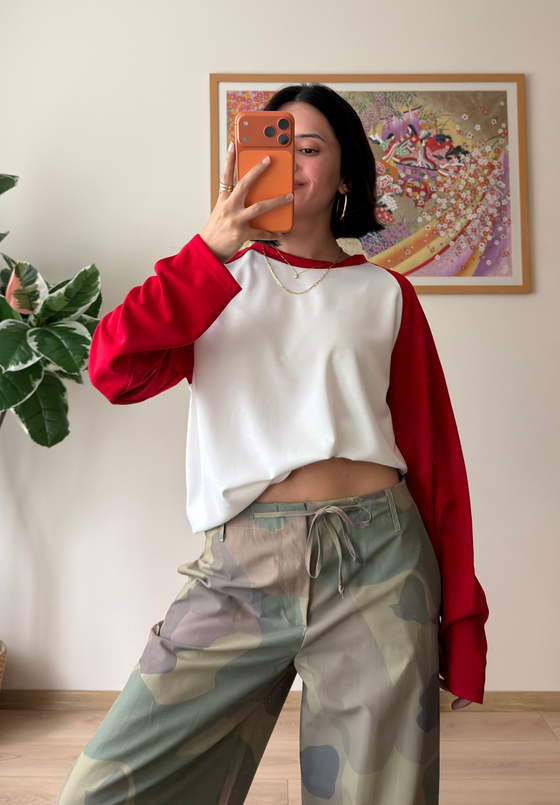 Kontrast Reglan Kol Bisiklet Yaka Sweatshirt Kırmızı