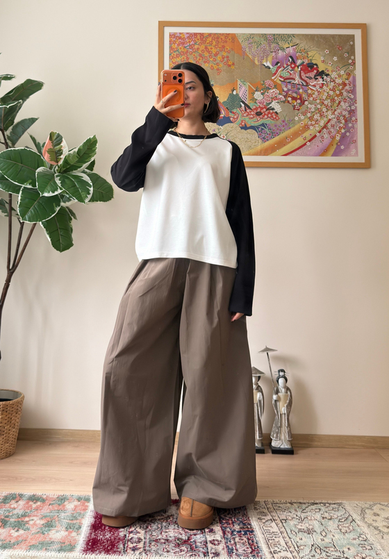 Kontrast Reglan Kol Bisiklet Yaka Sweatshirt Siyah