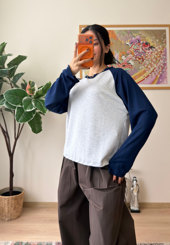 Kontrast Reglan Kol Bisiklet Yaka Sweatshirt Lacivert