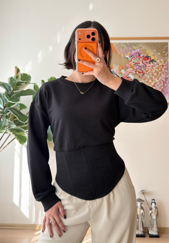 Korse Detaylı Bağcıklı Sweatshirt Siyah