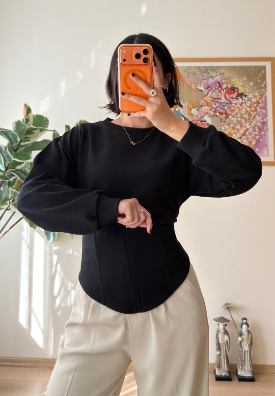 Korse Detaylı Bağcıklı Sweatshirt Siyah