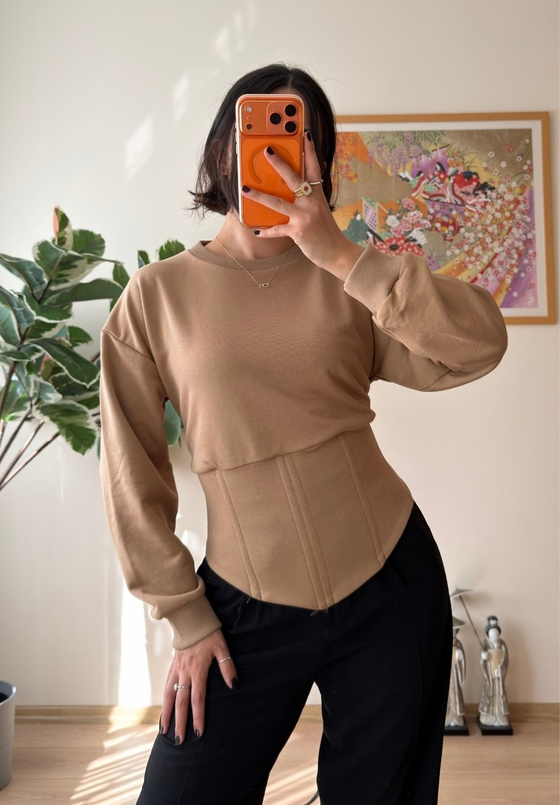 Korse Detaylı Bağcıklı Sweatshirt Vizon
