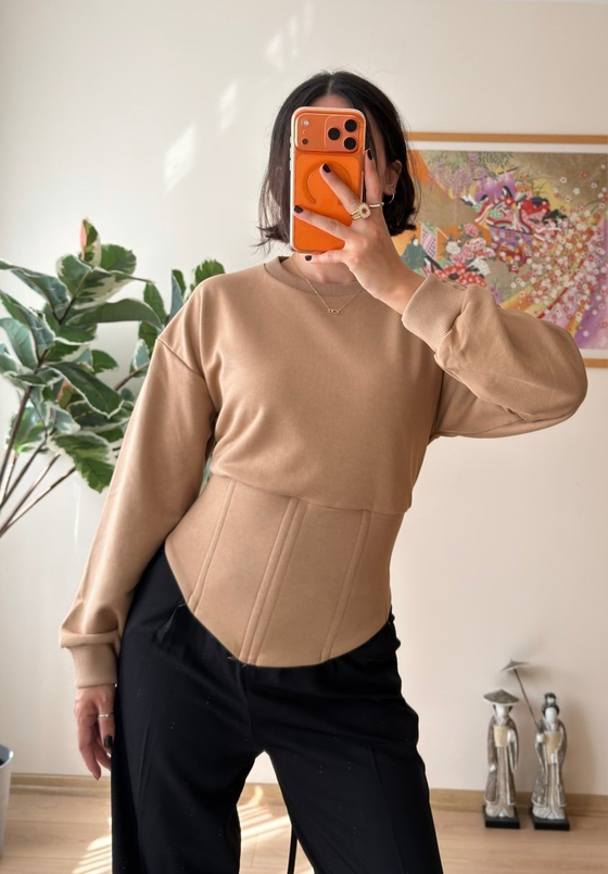 Korse Detaylı Bağcıklı Sweatshirt Vizon