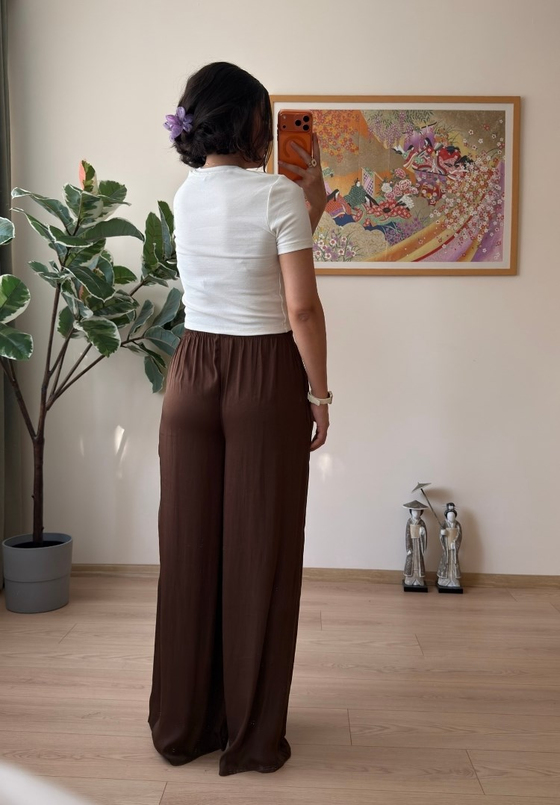 Kumi Geniş Paça Pantolon Kahve