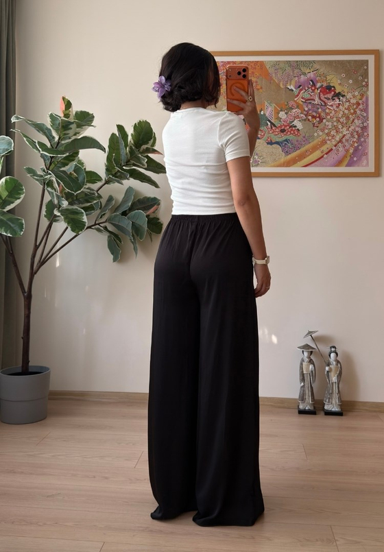 Kumi Geniş Paça Pantolon Siyah