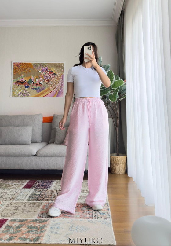 Luya Kırışık Görünümlü Pantolon Pembe