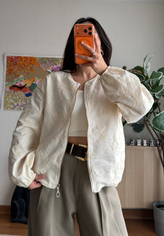 Maika Nakışlı Keten Bomber Ceket