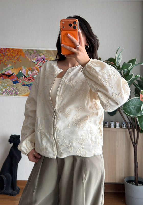 Maika Nakışlı Keten Bomber Ceket