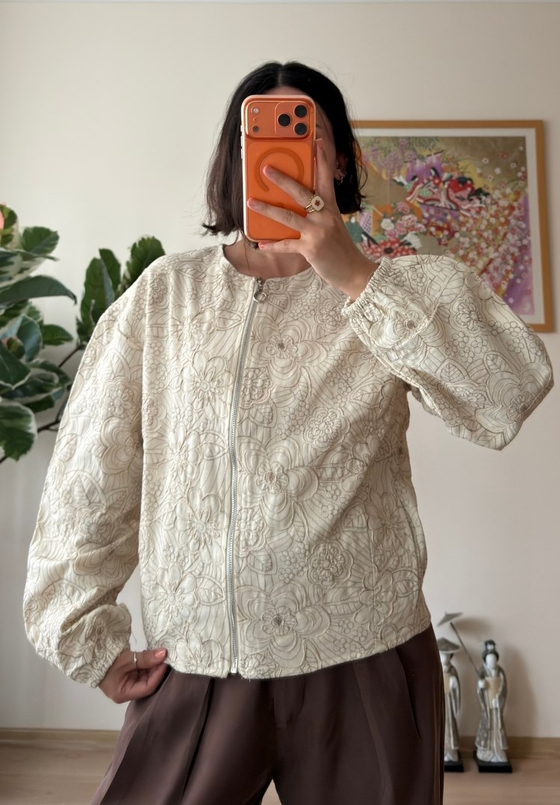 Maika Nakışlı Keten Bomber Ceket Bej