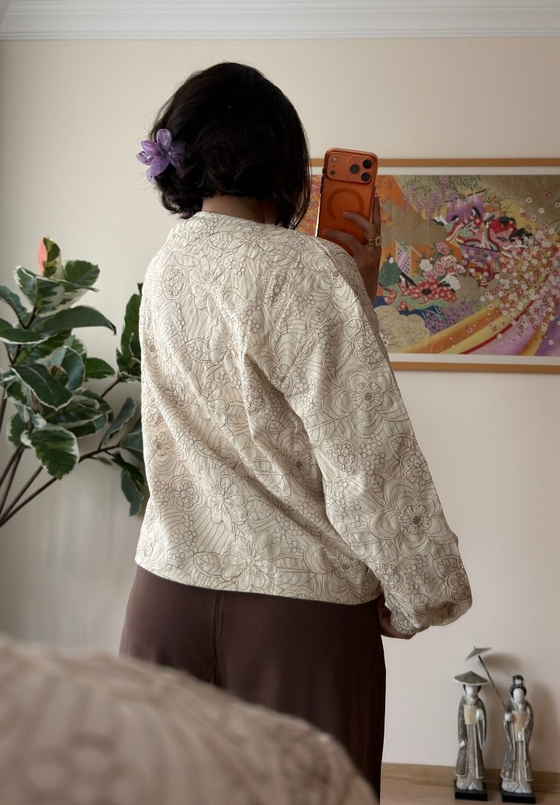 Maika Nakışlı Keten Bomber Ceket Bej